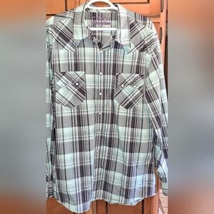 Men's Cinch Teal Plaid Cowboy Pearl Snap Button Up Long Sleeve Top Lrg Western